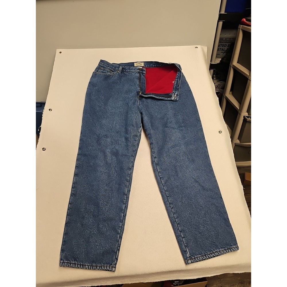 LL Bean Flannel Lined Jeans Mens 37x28 Blue Denim Red Lining Original Fit